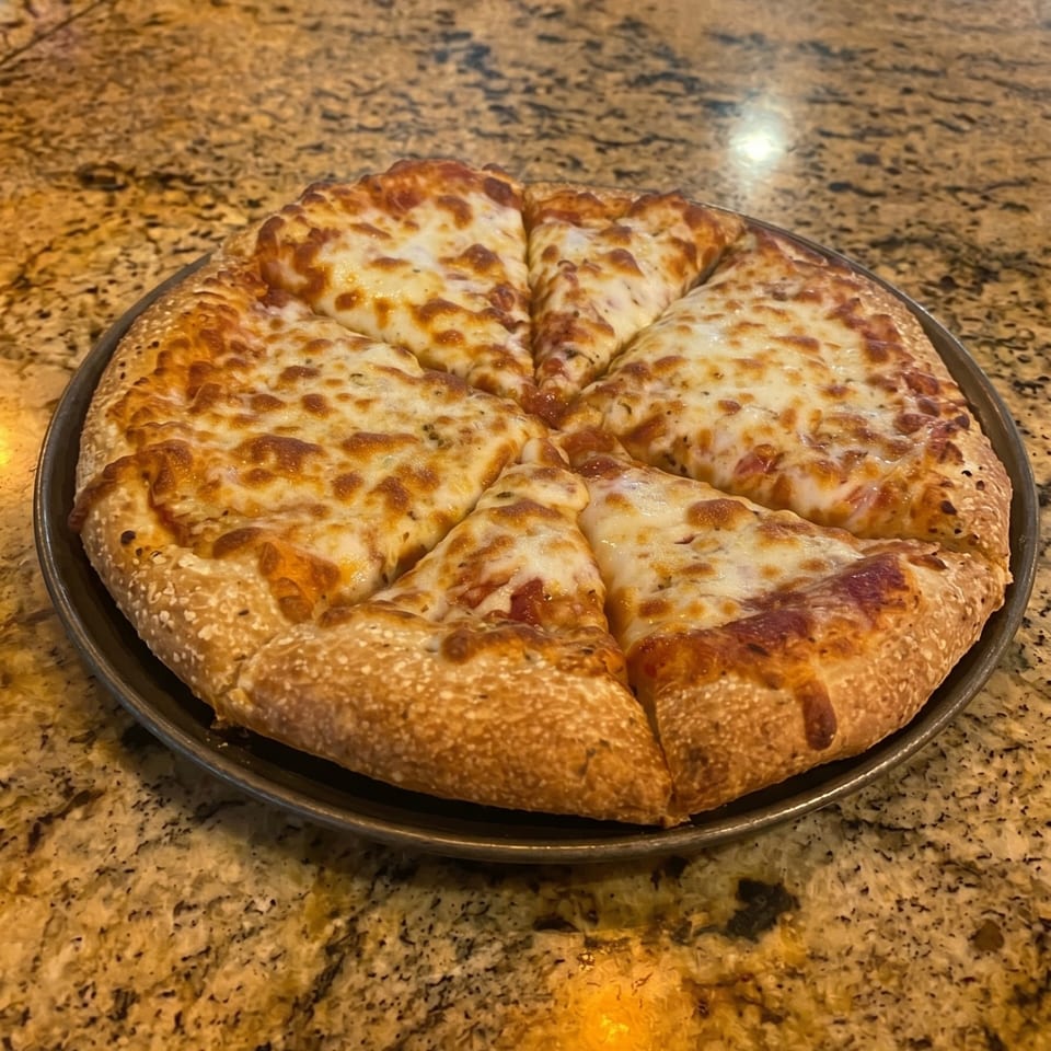 A freshly baked cheese pizza, cut into slices, sits on a dark metal pan atop a speckled countertop.