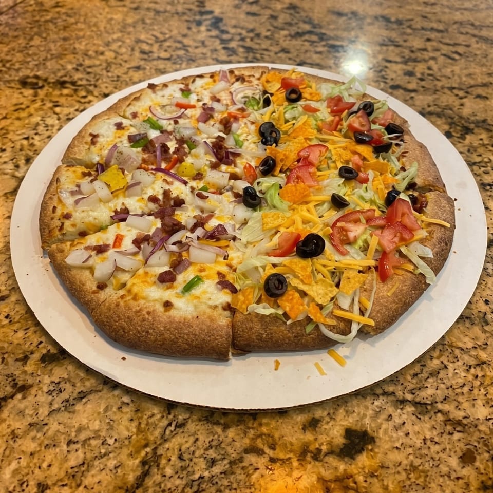 Half white pizza with bacon and onions, half taco pizza with lettuce, tomatoes, and olives.